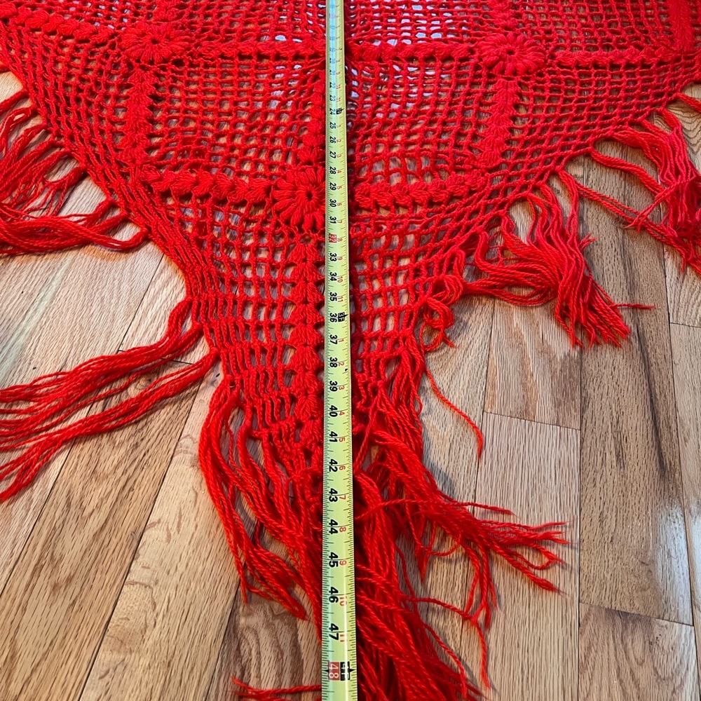 Vibrant Red Crochet Shawl with Fringe - Picture 4 of 9